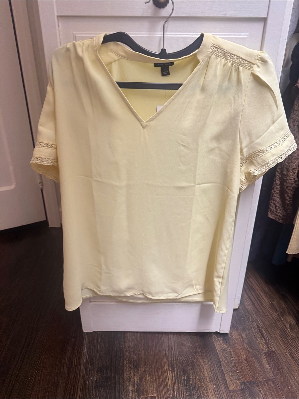 Ann Taylor Pale Yellow V-Neck Blouse with Lace Trim
